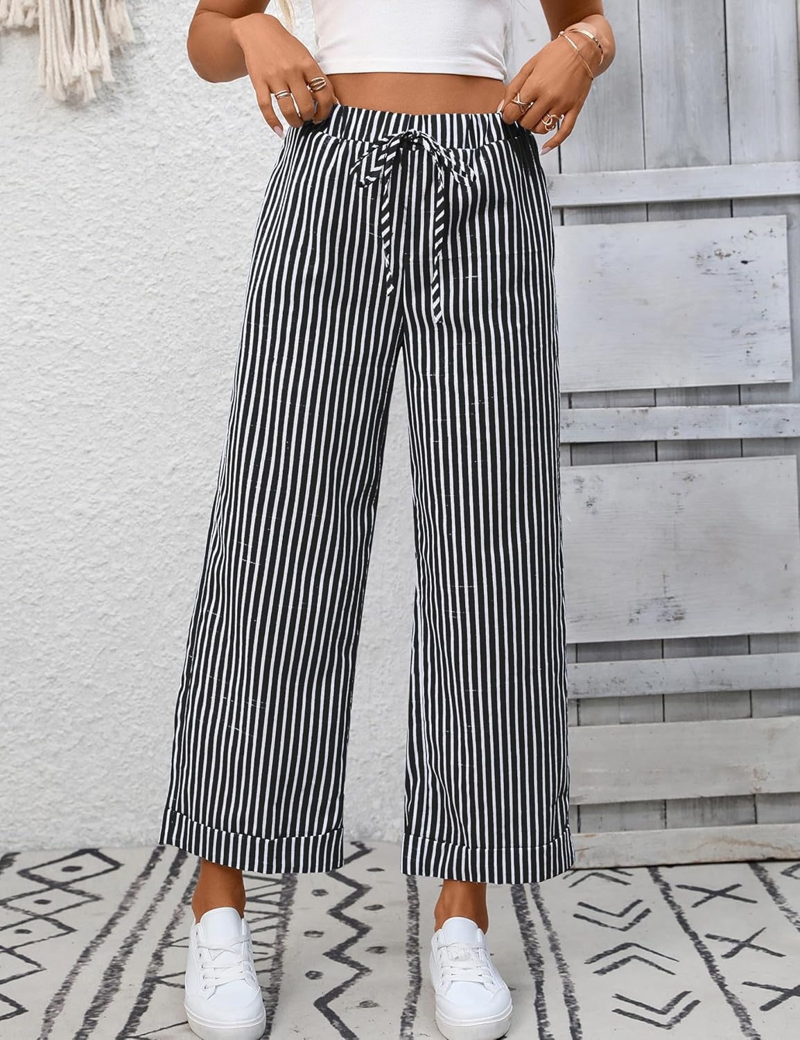 image:imageTanming Womens Wide Leg Pants Elastic Waist Striped Palazzo Pants with Pockets Casual Lounge TrousersBlack