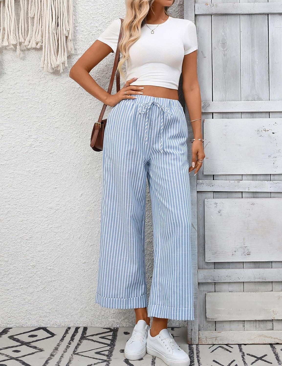 image:imageTanming Womens Wide Leg Pants Elastic Waist Striped Palazzo Pants with Pockets Casual Lounge TrousersBlue