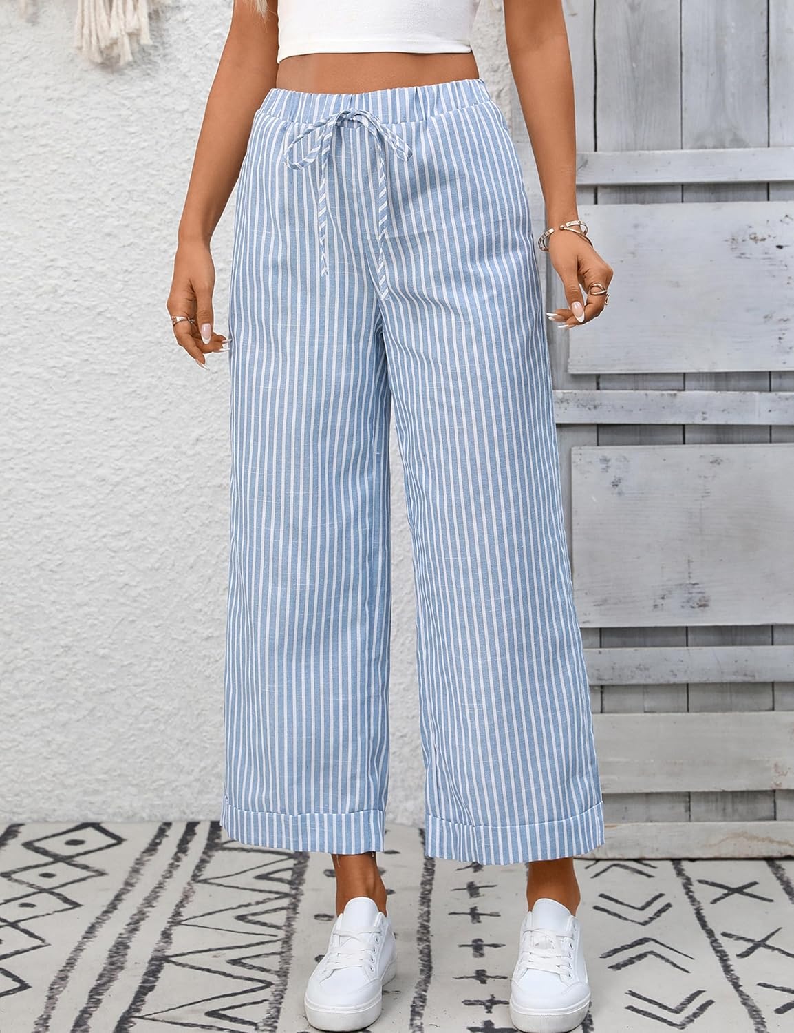image:imageTanming Womens Wide Leg Pants Elastic Waist Striped Palazzo Pants with Pockets Casual Lounge TrousersBlue