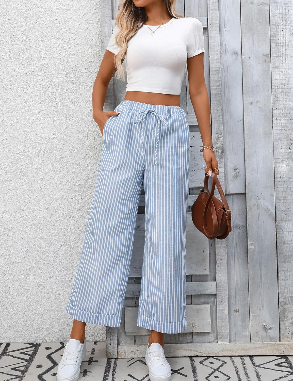 image:imageTanming Womens Wide Leg Pants Elastic Waist Striped Palazzo Pants with Pockets Casual Lounge TrousersBlue