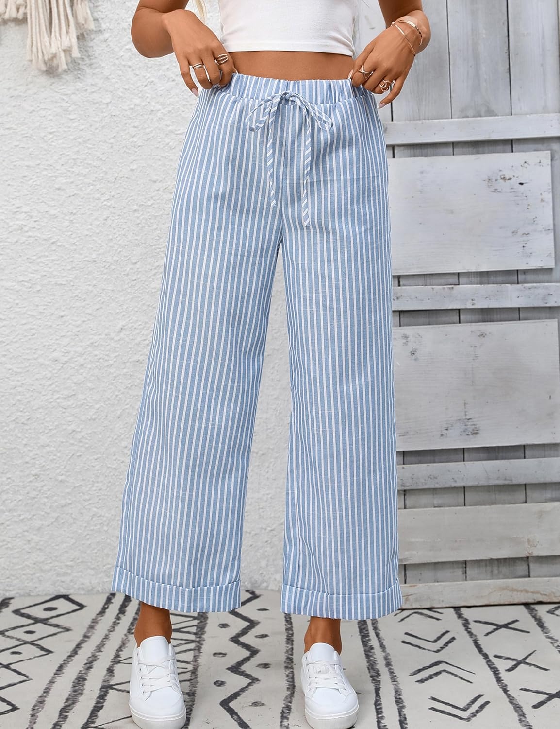 image:imageTanming Womens Wide Leg Pants Elastic Waist Striped Palazzo Pants with Pockets Casual Lounge TrousersBlue