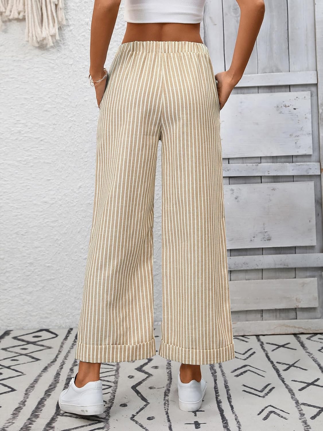 image:imageTanming Womens Wide Leg Pants Elastic Waist Striped Palazzo Pants with Pockets Casual Lounge TrousersBrown
