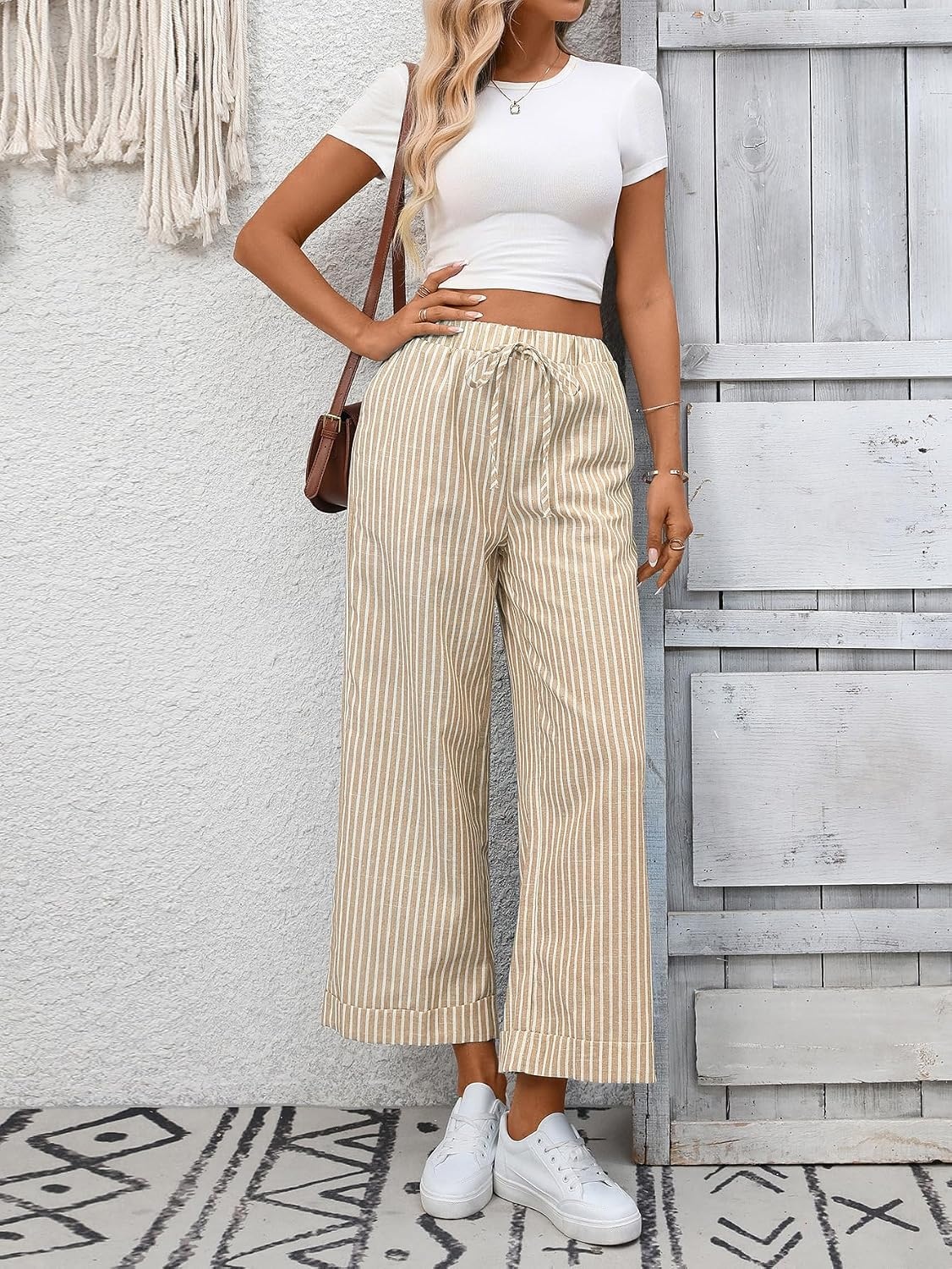 image:imageTanming Womens Wide Leg Pants Elastic Waist Striped Palazzo Pants with Pockets Casual Lounge TrousersBrown