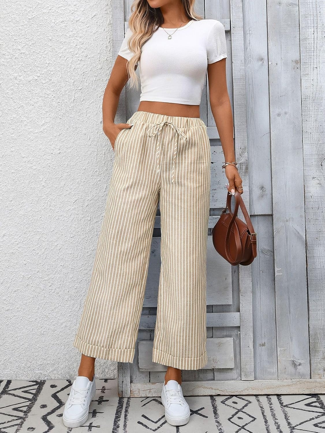 image:imageTanming Womens Wide Leg Pants Elastic Waist Striped Palazzo Pants with Pockets Casual Lounge TrousersBrown