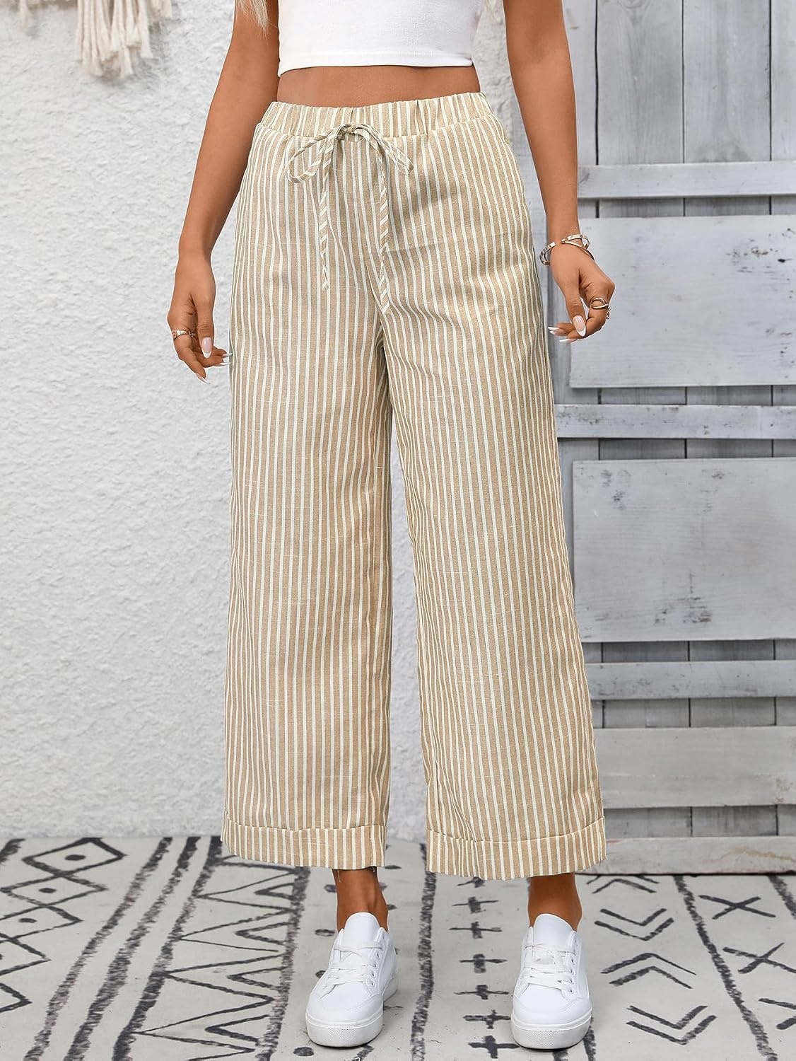 image:imageTanming Womens Wide Leg Pants Elastic Waist Striped Palazzo Pants with Pockets Casual Lounge TrousersBrown