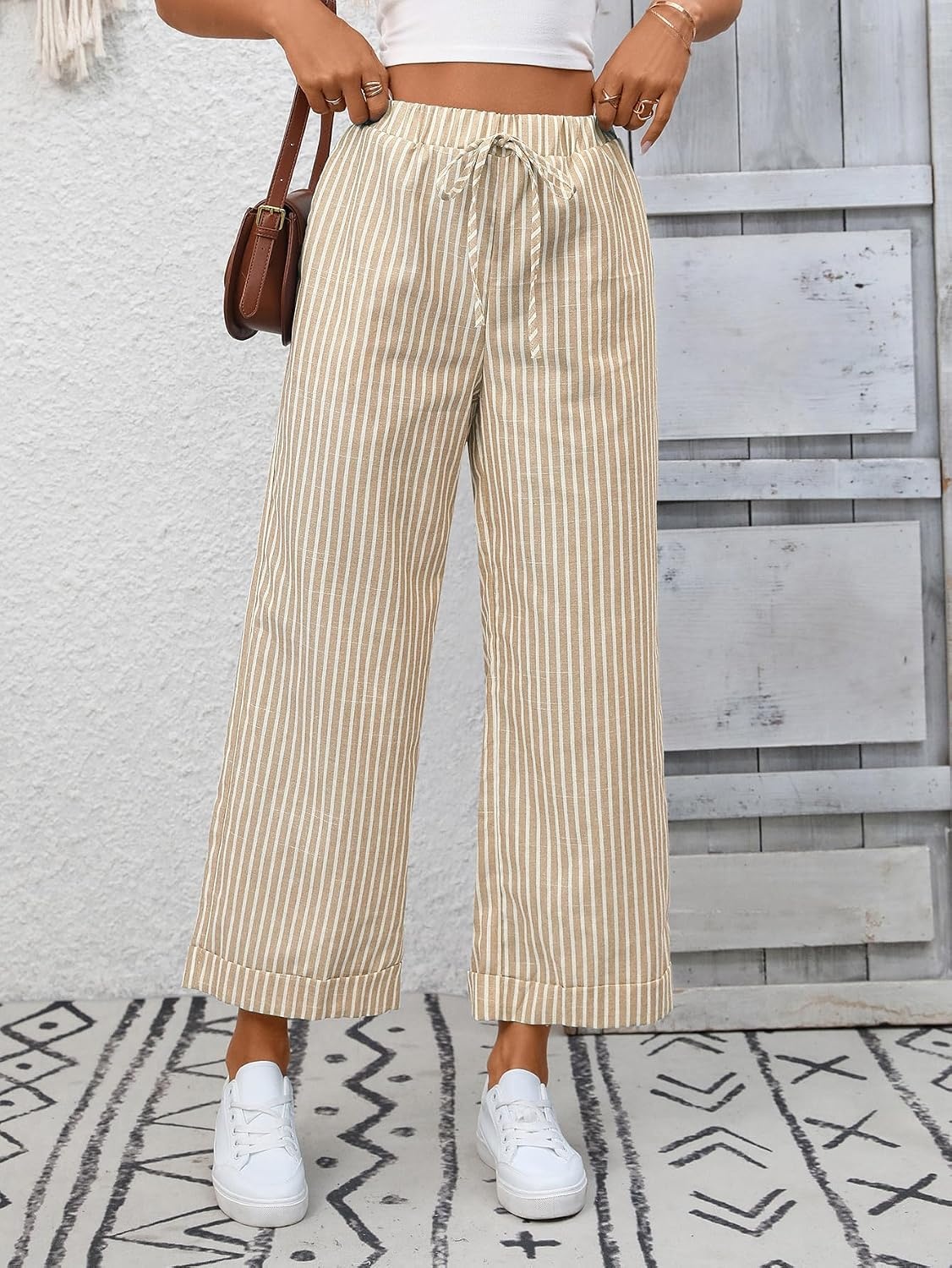 image:imageTanming Womens Wide Leg Pants Elastic Waist Striped Palazzo Pants with Pockets Casual Lounge TrousersBrown
