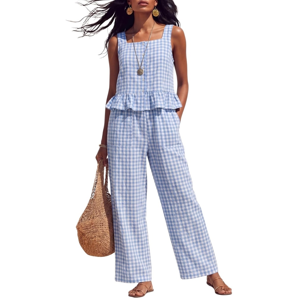 image:imageTanming 2 Piece Sets for Women Plaid Gingham Summer Tank Top Wide Leg Pants Matching Outfit Beach Vacation Lounge SetBlue