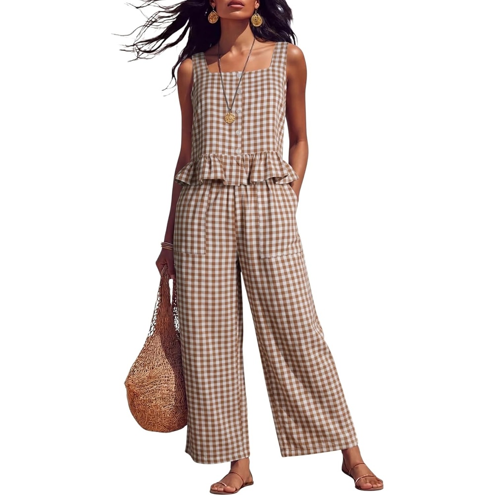 image:imageTanming 2 Piece Sets for Women Plaid Gingham Summer Tank Top Wide Leg Pants Matching Outfit Beach Vacation Lounge SetBrown