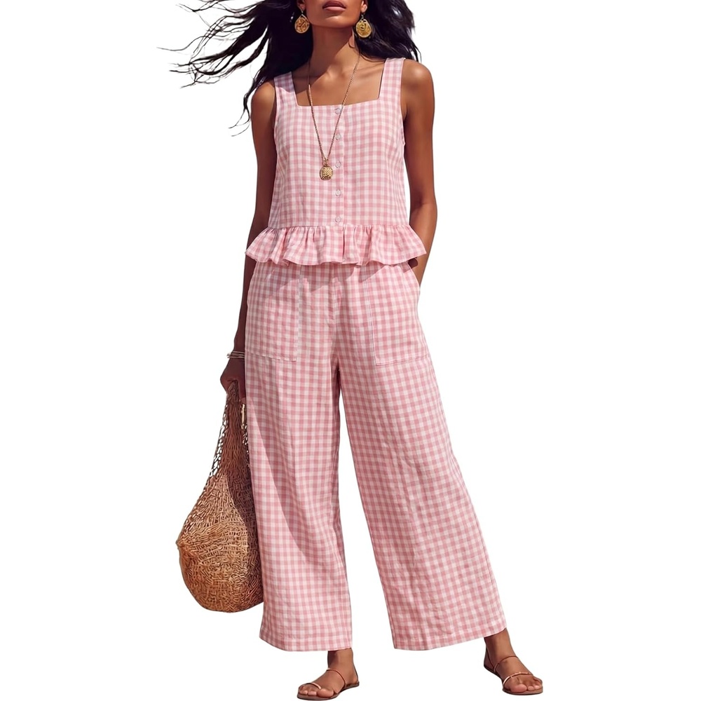 image:imageTanming 2 Piece Sets for Women Plaid Gingham Summer Tank Top Wide Leg Pants Matching Outfit Beach Vacation Lounge SetPink