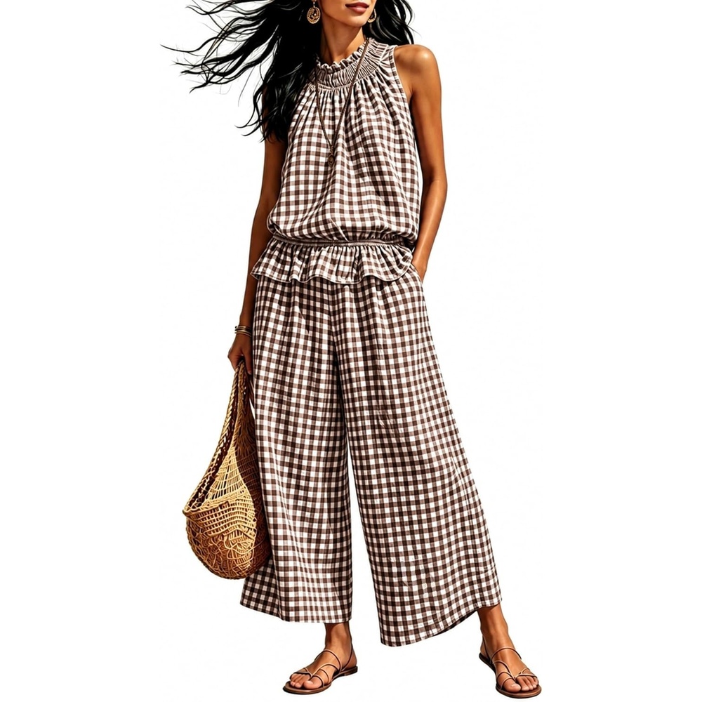 image:imageTanming Womens 2 Piece Set Outfits Gingham Plaid Sleeveless Ruffle Top Wide Leg Pants Summer Casual Beach Vacation SetsCoffee
