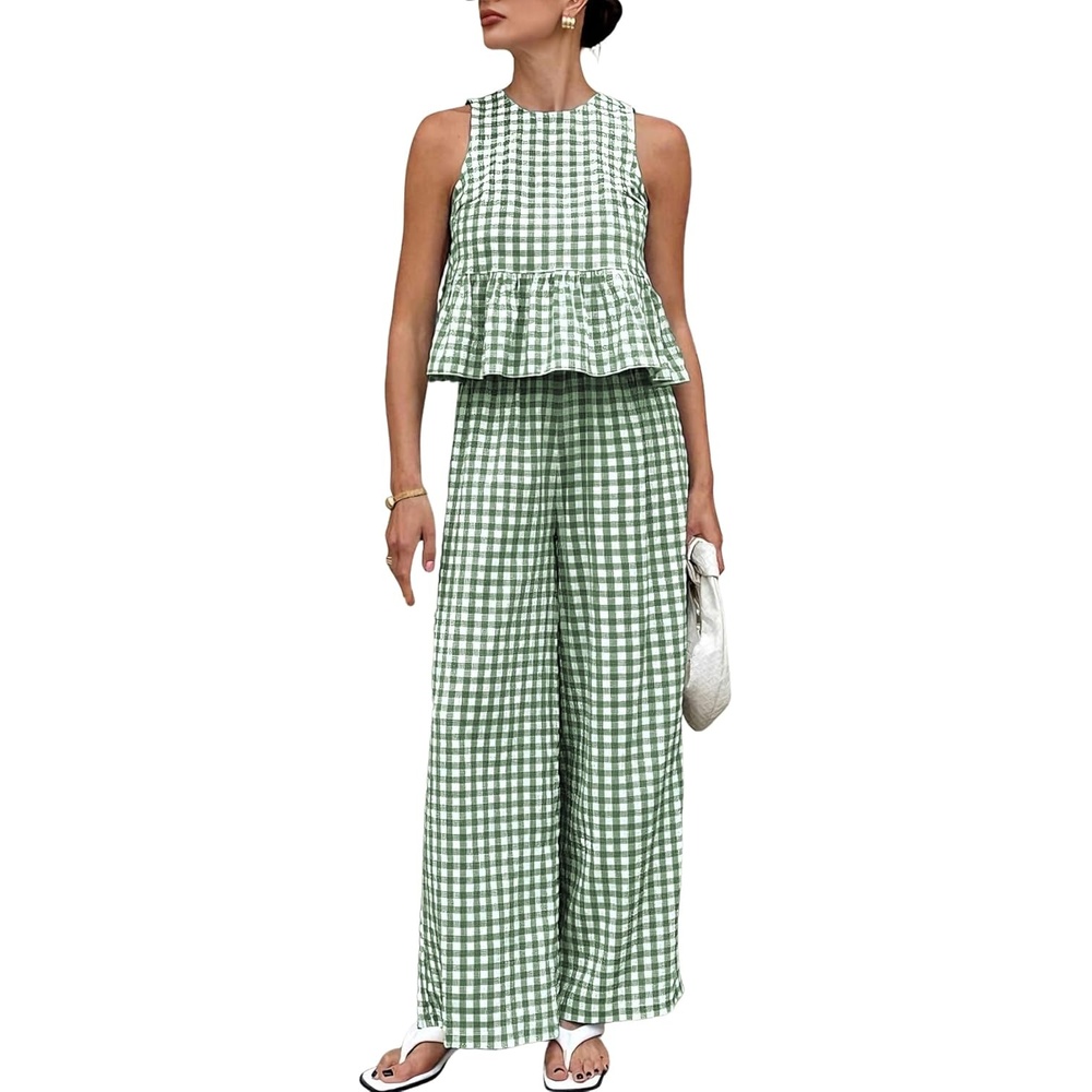 image:imageTanming Womens 2 Piece Set Outfits Gingham Plaid Tank Tops Wide Leg Pants Matching Lounge SetsDark Green