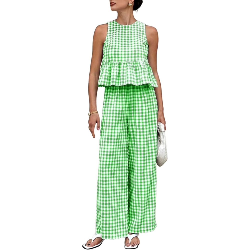 image:imageTanming Womens 2 Piece Set Outfits Gingham Plaid Tank Tops Wide Leg Pants Matching Lounge SetsGreen