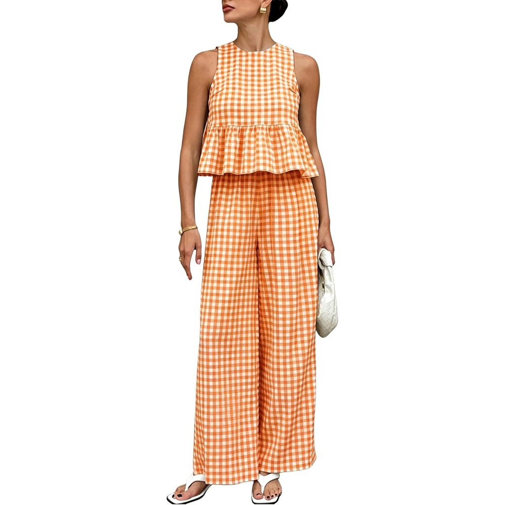 image:imageTanming Womens 2 Piece Set Outfits Gingham Plaid Tank Tops Wide Leg Pants Matching Lounge SetsOrange