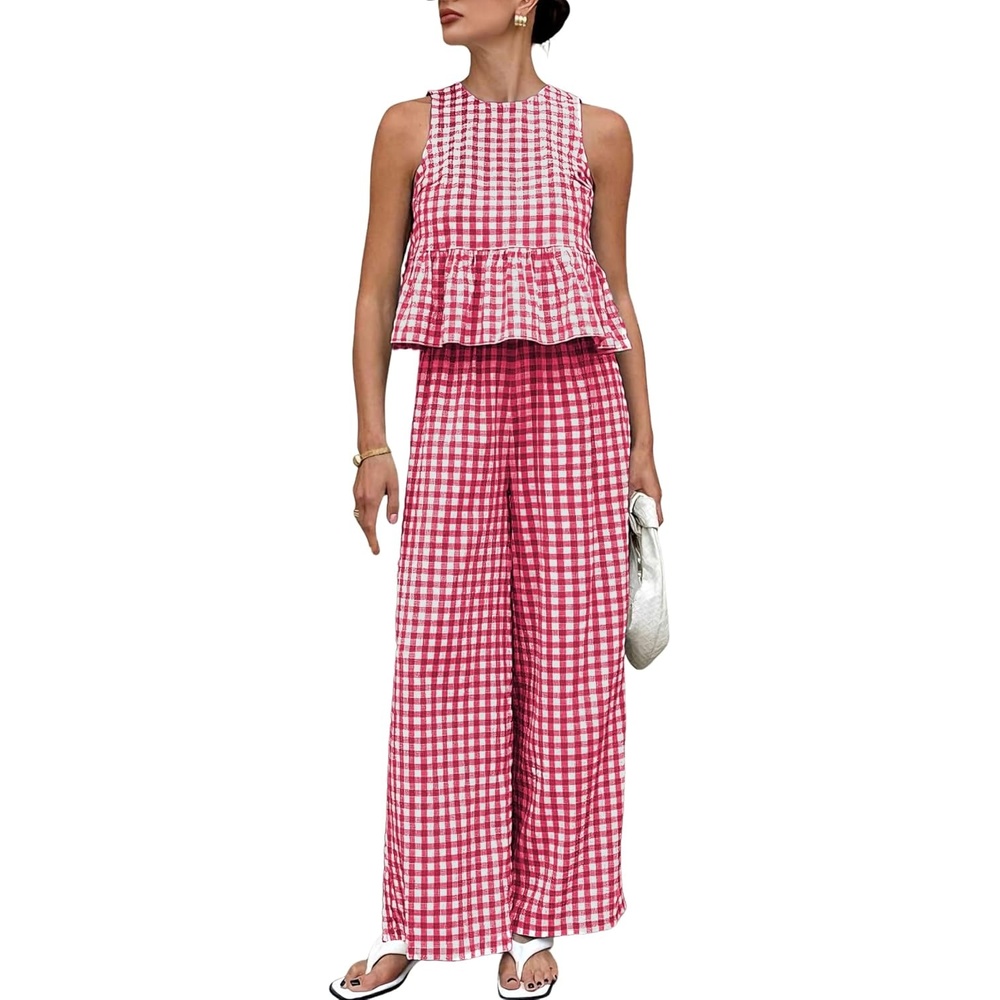 image:imageTanming Womens 2 Piece Set Outfits Gingham Plaid Tank Tops Wide Leg Pants Matching Lounge SetsWine Red