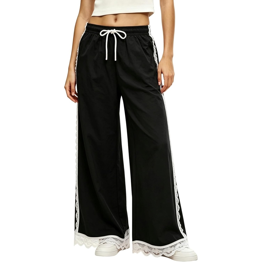 image:imageTanming Womens Elastic Waist Baggy Wide Leg Workout Track Pants Adjustable Drawstring Lightweight Fabric Parachute Pants Ease of Movement Lace Trim Casual Workout DailywearBlack