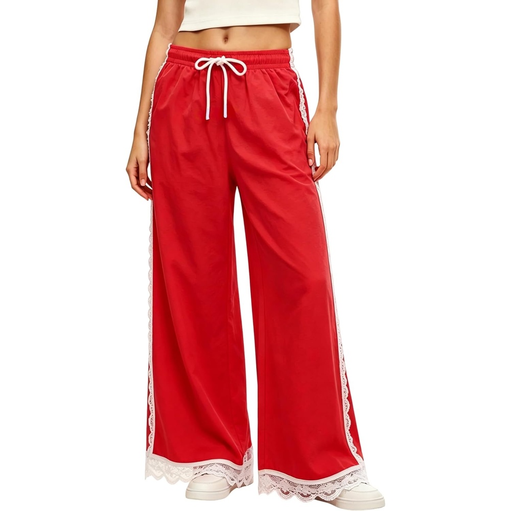 image:imageTanming Womens Elastic Waist Baggy Wide Leg Workout Track Pants Adjustable Drawstring Lightweight Fabric Parachute Pants Ease of Movement Lace Trim Casual Workout DailywearRed