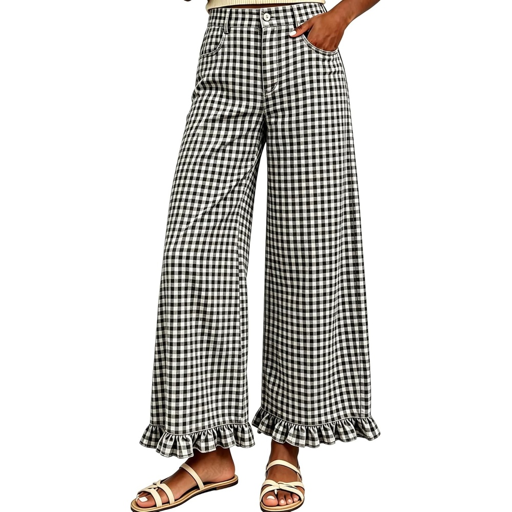 image:imageTanming Womens Gingham Pants Casual Cotton Wide Leg Ruffle Hem Lounge Pants Plaid Trousers with PocketsBlack