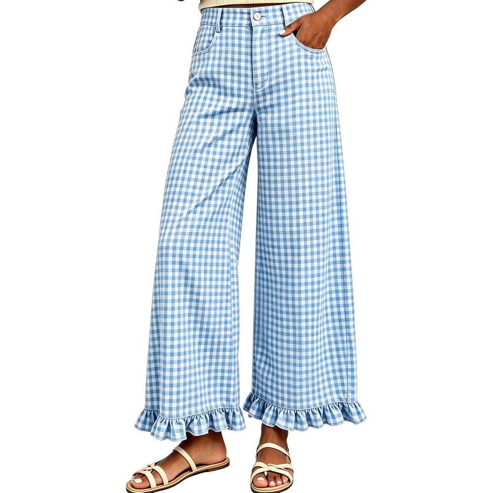 image:imageTanming Womens Gingham Pants Casual Cotton Wide Leg Ruffle Hem Lounge Pants Plaid Trousers with PocketsBlue