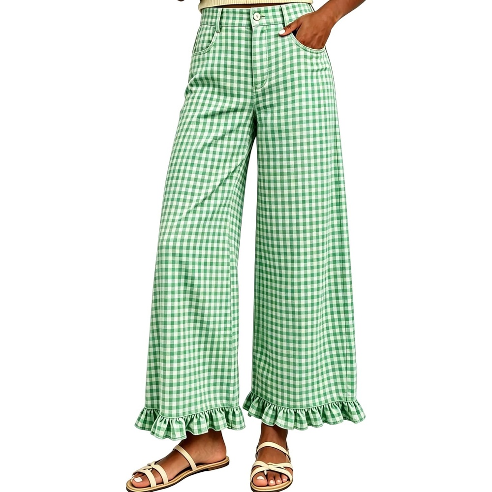 image:imageTanming Womens Gingham Pants Casual Cotton Wide Leg Ruffle Hem Lounge Pants Plaid Trousers with PocketsGreen