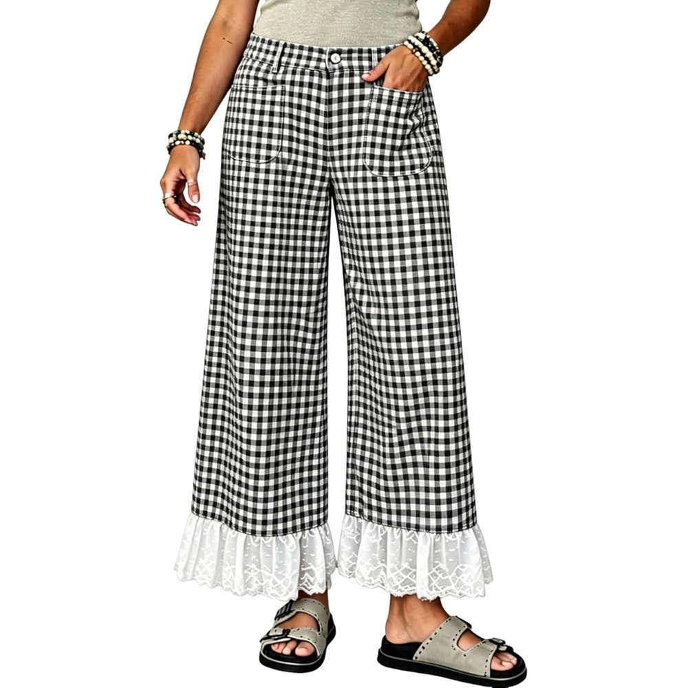 image:imageTanming Womens Gingham Wide Leg Palazzo Pants Casual LaceHem Lounge Pants PJ Bottoms with Pockets for VacationBlack