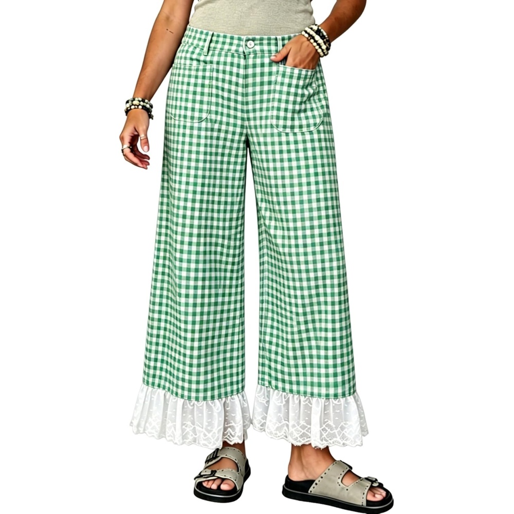 image:imageTanming Womens Gingham Wide Leg Palazzo Pants Casual LaceHem Lounge Pants PJ Bottoms with Pockets for VacationGreen