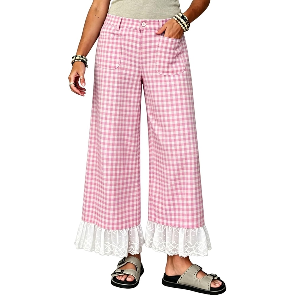 image:imageTanming Womens Gingham Wide Leg Palazzo Pants Casual LaceHem Lounge Pants PJ Bottoms with Pockets for VacationPink