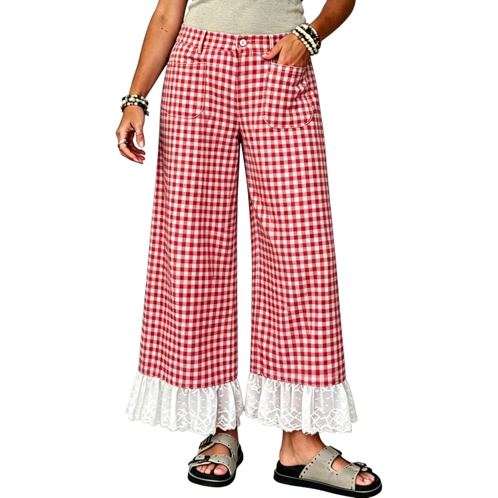 image:imageTanming Womens Gingham Wide Leg Palazzo Pants Casual LaceHem Lounge Pants PJ Bottoms with Pockets for VacationRed