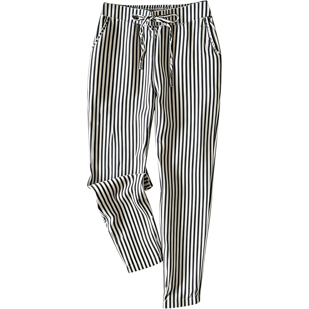 image:imageTanming Womens Striped Pants Summer Casual High Waisted Drawstring Beach Pant Tapered Trousers with PocketsBlack