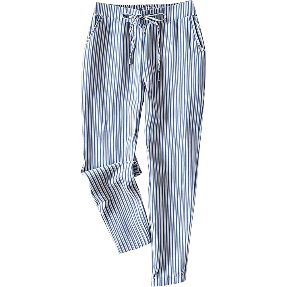image:imageTanming Womens Striped Pants Summer Casual High Waisted Drawstring Beach Pant Tapered Trousers with PocketsBlue