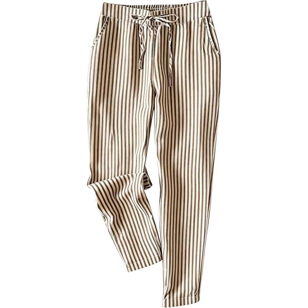 image:imageTanming Womens Striped Pants Summer Casual High Waisted Drawstring Beach Pant Tapered Trousers with PocketsBrown