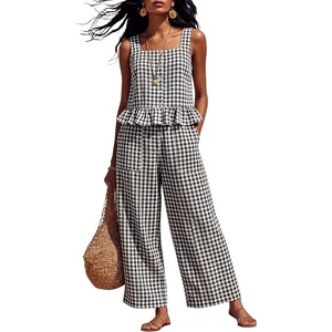 Tanming 2 Piece Sets for Women Plaid Gingham Summer Tank Top Wide Leg Pants Matching Outfit Beach Vacation Lounge Set(Black)
