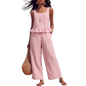 Tanming 2 Piece Sets for Women Plaid Gingham Summer Tank Top Wide Leg Pants Matching Outfit Beach Vacation Lounge Set(Pink)