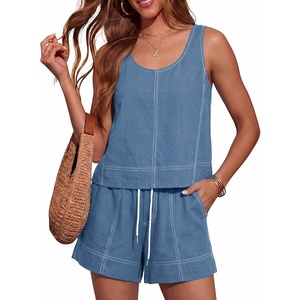 Tanming Womens 2 Piece Outfits Contrast Stitching Matching Sets A Line Tank Tops High Waist Shorts with Pockets(Blue Grey)