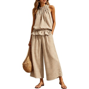 Tanming Women’s 2 Piece Set Outfits Gingham Plaid Sleeveless Ruffle Top Wide Leg Pants Summer Casual Beach Vacation Sets(Brown)