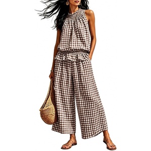 Tanming Women’s 2 Piece Set Outfits Gingham Plaid Sleeveless Ruffle Top Wide Leg Pants Summer Casual Beach Vacation Sets(Coffee)