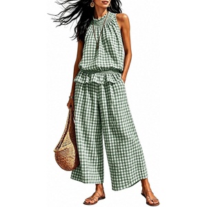 Tanming Women’s 2 Piece Set Outfits Gingham Plaid Sleeveless Ruffle Top Wide Leg Pants Summer Casual Beach Vacation Sets(Darkgreen)