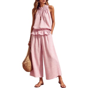 Tanming Women’s 2 Piece Set Outfits Gingham Plaid Sleeveless Ruffle Top Wide Leg Pants Summer Casual Beach Vacation Sets(Pink)