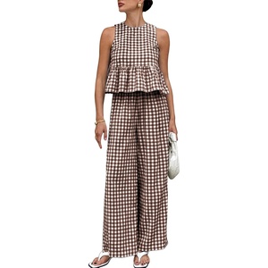 Tanming Women’s 2 Piece Set Outfits Gingham Plaid Tank Tops Wide Leg Pants Matching Lounge Sets(Coffee)