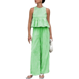 Tanming Women’s 2 Piece Set Outfits Gingham Plaid Tank Tops Wide Leg Pants Matching Lounge Sets(Green)