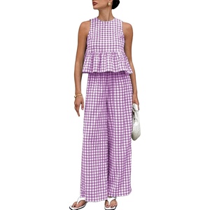 Tanming Women’s 2 Piece Set Outfits Gingham Plaid Tank Tops Wide Leg Pants Matching Lounge Sets(Purple)