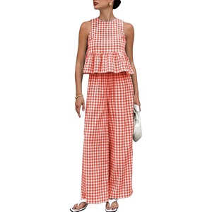 Tanming Women’s 2 Piece Set Outfits Gingham Plaid Tank Tops Wide Leg Pants Matching Lounge Sets(Red)
