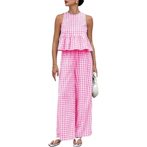 Tanming Women’s 2 Piece Set Outfits Gingham Plaid Tank Tops Wide Leg Pants Matching Lounge Sets(Rose Red)