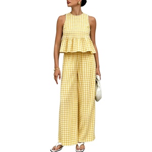 Tanming Women’s 2 Piece Set Outfits Gingham Plaid Tank Tops Wide Leg Pants Matching Lounge Sets(Yellow)