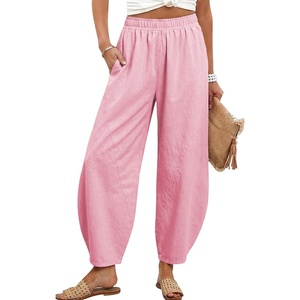 Tanming Womens Barrel Pants High Elastic Waisted Summer Capri Pants Loose Fit Casual Wide Leg Trousers(Pink)