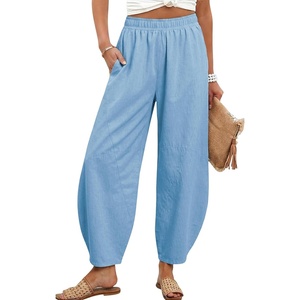 Tanming Womens Barrel Pants High Elastic Waisted Summer Capri Pants Loose Fit Casual Wide Leg Trousers(Sky Blue)