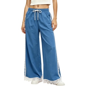 Tanming Womens Elastic Waist Baggy Wide Leg Workout Track Pants | Adjustable Drawstring, Lightweight Fabric, Parachute Pants, Ease of Movement, Lace Trim, Casual Workout Dailywear(Blue)