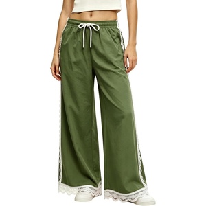Tanming Womens Elastic Waist Baggy Wide Leg Workout Track Pants | Adjustable Drawstring, Lightweight Fabric, Parachute Pants, Ease of Movement, Lace Trim, Casual Workout Dailywear(Green)
