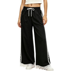 Tanming Womens Elastic Waist Baggy Wide Leg Workout Track Pants | Adjustable Drawstring, Lightweight Fabric, Parachute Pants, Ease of Movement, Lace Trim, Casual Workout Dailywear(Black)