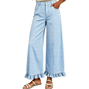 Tanming Women’s Gingham Pants Casual Cotton Wide Leg Ruffle Hem Lounge Pants Plaid Trousers with Pockets(Blue)