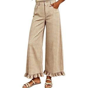 Tanming Women’s Gingham Pants Casual Cotton Wide Leg Ruffle Hem Lounge Pants Plaid Trousers with Pockets(Khaki)